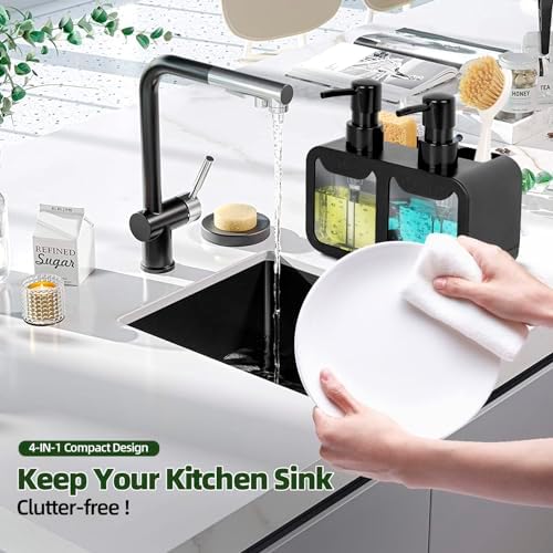 Keukenzeepdispenser, hand- en afwaszeepdispenser en sponshouder met borstelhouder, 3-in-1 werkbladorganizer voor keukengootsteen, zwart