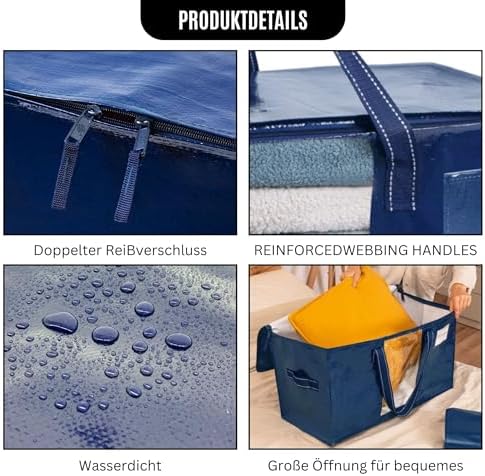 Set van 4 XXL-verhuistassen (87 liter) met venster, opvouwbare opbergtas, stevige handvatten en ritssluiting, alternatief voor verhuisdozen voor kleding, blauw