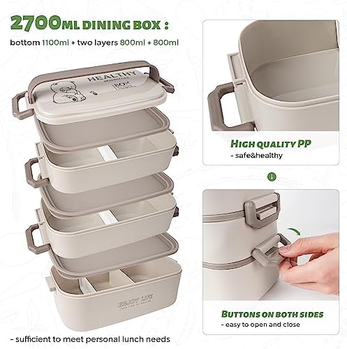 2700 ml bento-box met 3 verdiepingen, inclusief vork en lepel, 4-in-1-lunchbox – voorraadbak, opbergbox voor mannen, vrouwen en studenten, magnetron- en vaatwasmachinebestendig