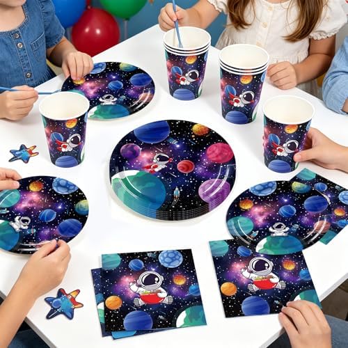 Astronauten-themafeestservies, ruimtevaarders, verjaardagsfeest, servies, papieren borden, bekers, servetten, feestartikelen, tafeldecoratie, voor 24 personen