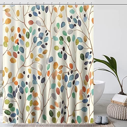Douchegordijn, 180 x 200 cm, beige, schimmelbestendig, van stof, wasbaar, badgordijn, kleurrijk, plantenmotief, met ringen, douchegordijnen, vintage, textiel, schimmelbestendig, badkamer