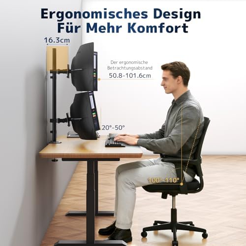 Monitorbeugel voor 2 monitoren boven elkaar voor 17–49 inch platte en gebogen schermen, verticale monitorbeugel, 2 monitoren, in hoogte verstelbaar met 20 kg per arm, VESA 75/100 mm, zwart