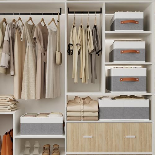 Set van 4 opvouwbare opbergboxen, stoffen boxen met handvatten, kastorganizer, opbergmand voor kleding, 33 x 23 x 14 cm, wit en grijs