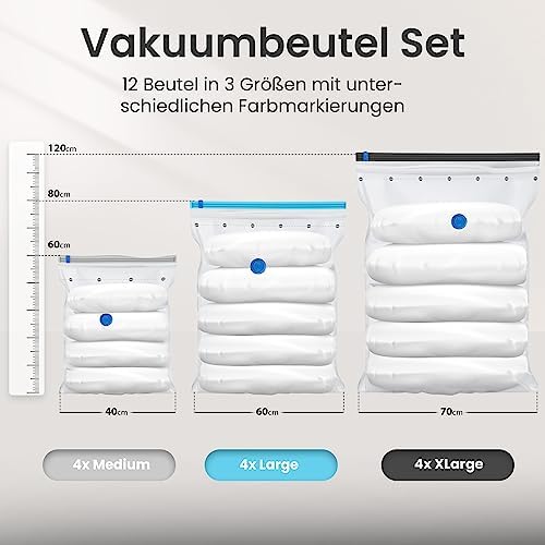Vacuümzakken set voor kleding, set van 12, 3 maten, vacuümzakken voor stofzuigers, herbruikbaar, 100% luchtdicht & stevig, reiscompressiezakken, kledingzakken, opbergen
