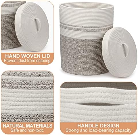 Opvouwbare wasmand met deksel, wasmand, gevlochten manden, groot en XXL, wit, bruin, katoenen mand, grote opbergmand (37 x 52 cm)
