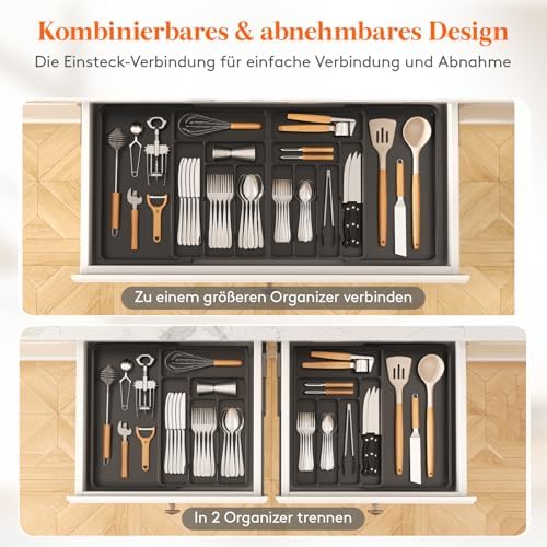 Grote bestekbak voor lades, verstelbare breedte 54,1–91,4 cm, diepte 43 cm, 11–13 vakken, uitneembare kunststof lade-indeler voor de keuken
