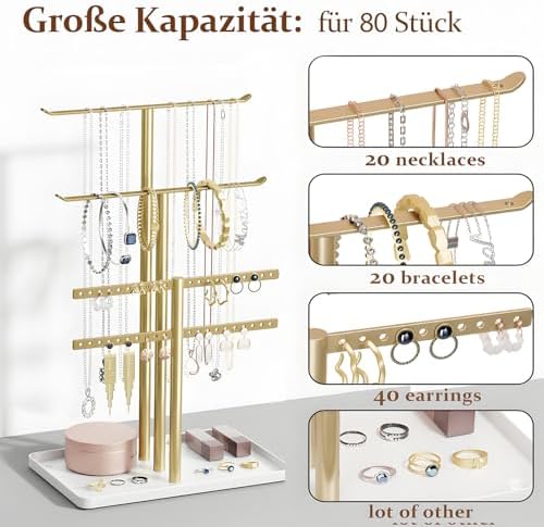 Sieradenorganizer, sieradenstandaard, 32 cm groot, 4 niveaus, stevige sieradenkast voor op reis, sieradenkast voor kettingen, armbanden, parfum en