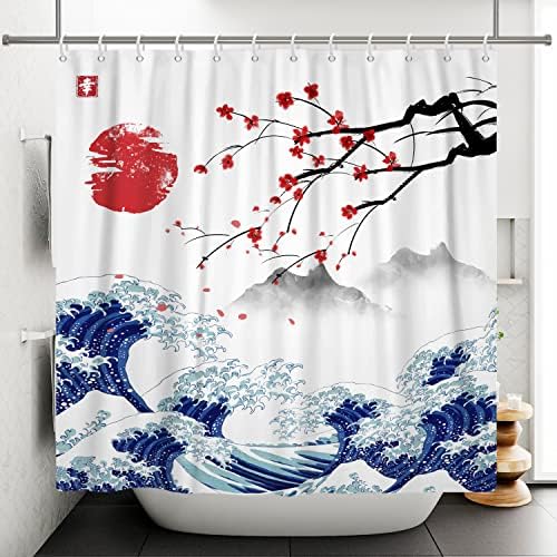 120 x 180 cm Japanse Fuji-douchegordijn Kersenbloesem-zonsondergang Aziatische inktschilderij Badkamergordijn Golven-landschapsschilderij Badkamergordijn voor de badkamer