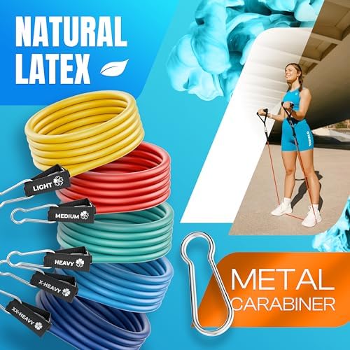 Set weerstandsbanden met 5 weerstanden – fitnessbanden met handgreep en deuranker van natuurlijk latex, weerstandsbanden voor spieropbouw en thuistraining