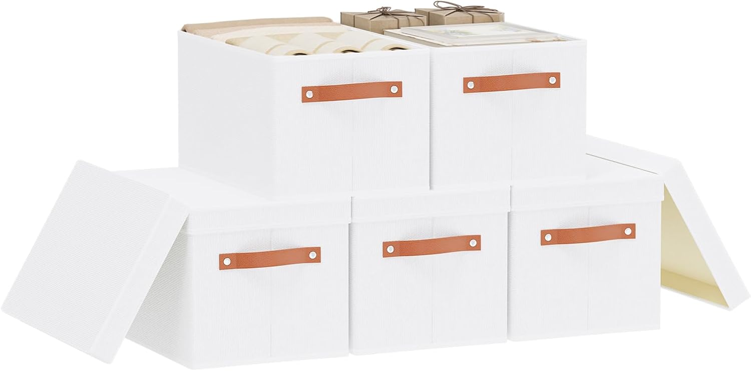 Set van 5 opbergboxen, opvouwbare opbergboxen met deksel, opbergmanden met handvatten, stoffen boxen voor het opbergen van kleding, wit, 38 x 25 x 21 cm