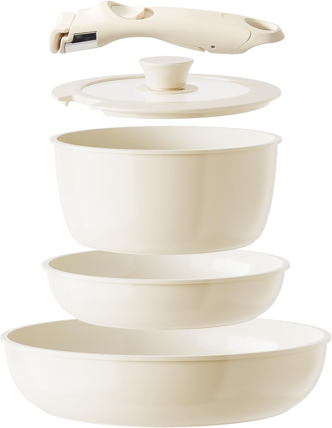 Keramische pannenset met afneembare handgreep, 5-delig, pannen met afneembare handgreep, geschikt voor inductie, ruimtebesparend kookgerei (PTFE-vrij, PFAS-vrij, PFOA-vrij),