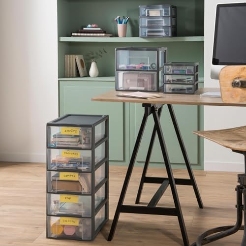 Tag Tower kunststof ladekast Grijs 2 doorzichtige lades voor A4-papier Hoogte 25,5 cm Stapelbaar Ideaal voor bureau, onderwijs, documenten, accessoires