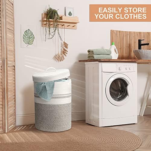 Opvouwbare wasmand met deksel, wasmand, gevlochten manden, groot en XXL, wit, bruin, katoenen mand, grote opbergmand (37 x 52 cm)