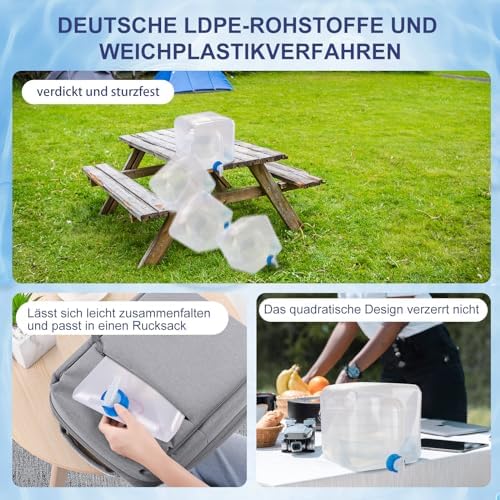 Waterkan, opvouwbaar, 10 l/20 l, waterkan met kraan, waterkan, kamperen, opvouwbare kan, voedselveilig, incl. uitloop