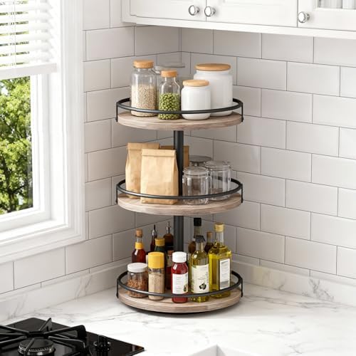 Kruidenrek, keukenrek, draaibare kruidenhouder met 3 niveaus, keukenorganizer, kruidenhouder, voor aanrecht, kaptafel, eettafel, rustiek grijs