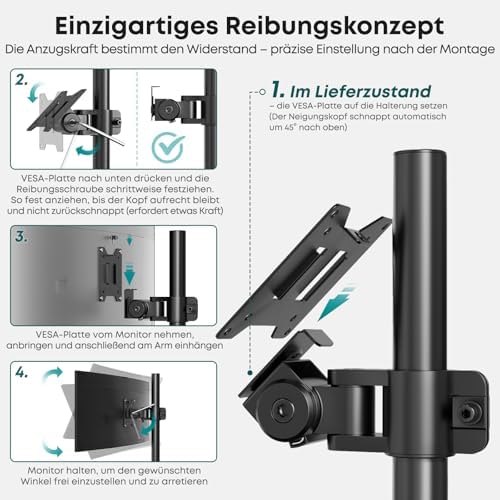 Monitorbeugel voor 2 monitoren boven elkaar, in hoogte verstelbare dubbele armstandaard voor 17–49 inch platte en gebogen schermen, tot 20 kg per arm, VESA 75/100 mm (zwart)