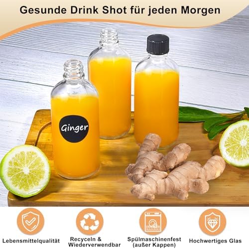 Set van 8 kleine vulflesjes, 100 ml, kleine glazen vulflesjes, gembershotflesjes met deksel, trechter, etiketten en pen, perfect voor gember,