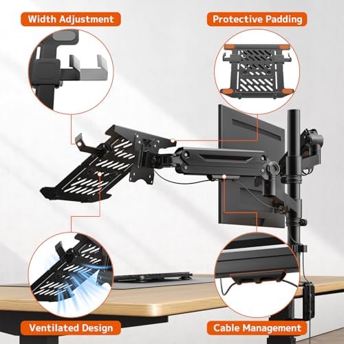 Monitorhouder met laptoparm voor 17–35 inch beeldschermen en notebooks tot 18 inch, volledig verstelbare, veerondersteunde laptophouder voor op het bureau, VESA 75 x 75/100 x