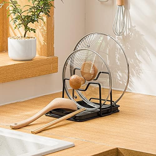 Pannendekselhouder, 2-laags pannendekselorganizer, multifunctioneel opbergrek voor deksels en lepels met opvangbak voor pannendeksels, spatels, lepels en snijplanken