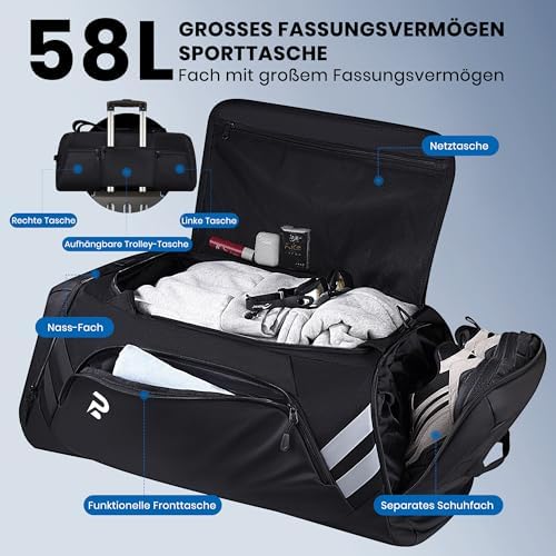 Sporttas voor dames en heren, 58 l reistas, grote sporttas met schoenenvak en natvak, trainingstas voor heren, saunatas, fitnesstas, gymtas