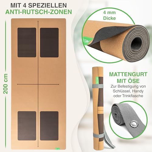 Yogamat Kurk XXL [50 % meer oppervlakte] met natuurrubber | antislip yogamat | duurzame yogamatten | fitnessmat met antislipzones | incl.