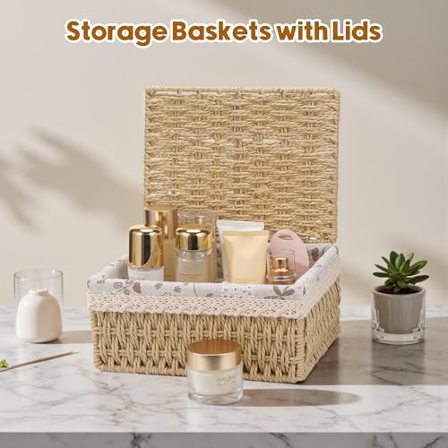 3-delige opbergmand met deksel, decoratieve mand, gevlochten, ruimtebesparende manden, opbergruimte, badkamer, geschenkmand, gevlochten opbergbox met uittrekbaar deel