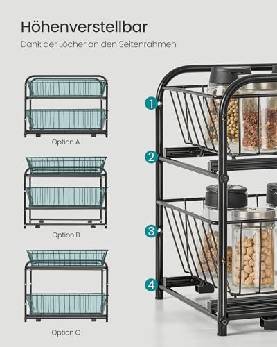 Keukenorganizer, keukenrek, opbergsysteem, 2 niveaus, stapelbaar, uitbreidbaar, met metalen manden, voor keuken, badkamer, diepzwart KCS017B01V1