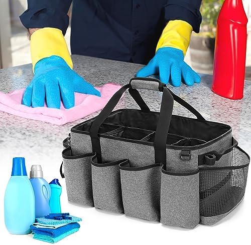 Extra grote schoonmaakwagen-organizer, met stevige bodem en handgrepen, opbergtas voor schoonmaakmiddelen (grijs)