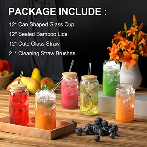 Set van 12 glazen met deksel en rietje, 16 oz/450 ml ijskoffieglazen, cocktailglazen, ijskoffieglas, longdrinkglas met 2 reinigingsborstels