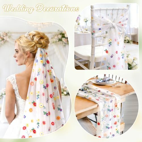 Met tule geborduurde tafelloper, wit, 72 x 300 cm, tafelloper van kaasdoek, chiffonbloemen, tafeldecoratie, gaas-tafelkleed, tafelloper met madeliefjes