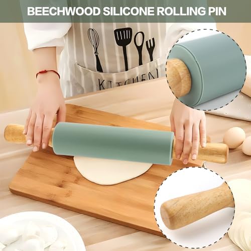 Deegroller, geribbelde deegroller, hout, siliconen, grote deegroller, deegroller met houten handvat en antiaanbaklaag, deegroller, 38 cm, deegroller voor gebak, de
