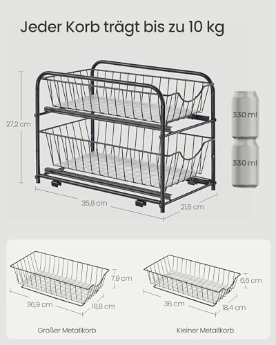 Keukenorganizer, keukenrek, opbergsysteem, 2 niveaus, stapelbaar, uitbreidbaar, met metalen manden, voor keuken, badkamer, diepzwart KCS017B01V1