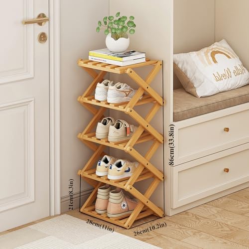 Opvouwbaar schoenenrek, verticaal schoenenrek van bamboe, voor kleine ruimtes. Multifunctioneel smal schoenenrek voor de hal, kledingkast, slaapkamer,