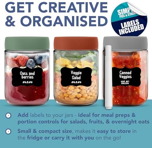 Havermoutpotten met deksel voor overnight oats, 600 ml, met luchtdichte, kleurrijke schroefdeksels, voedselveilige glazen ontbijtpotten met deksel voor yoghurt en chia-pudding, 600 ml, herbruikbaar