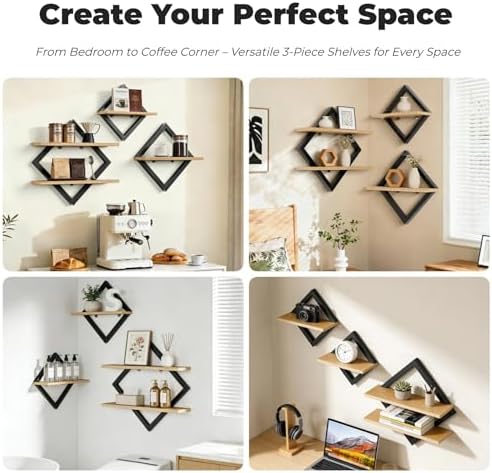 Wandplank 3-delige set, ruitvormige hangplanken, zwevende plank, modern, zwart en hout, 29 cm, 35 cm, 41 cm, voor woonkamer, slaapkamer, keuken, kantoor