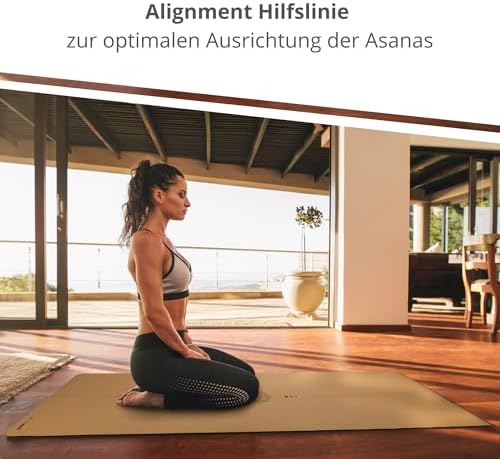 Premium kurken yogamat (4 mm dik) – antislip fitnessmat met hulplijnen – pilatesmat + yogatas