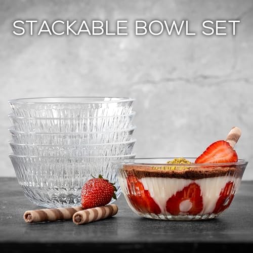 Premium glazen schalen, set van 6, 345 ml, 100% loodvrije, stapelbare kristallen dessertschalen, dessertbekers, puddingkommen, slakommen, sauskom