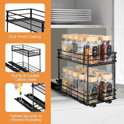 Uitschuifbaar kruidenrek met 2 niveaus – keukenorganizer met rollenrails, kruidenrek voor kast, kruidenrek zonder boren (26x15x21,8 cm)