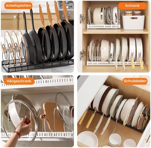 Pannendekselhouder, uitbreidbare pannendekselorganizer, opbergruimte met 10 verstelbare scheidingswanden, antislip pannenhouder, keukenorganizer (wit)