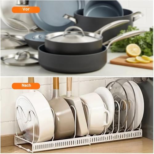 Pannendekselhouder, uitbreidbare pannendekselorganizer, opbergruimte met 10 verstelbare scheidingswanden, antislip pannenhouder, keukenorganizer (wit)