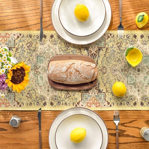 Tafelloper in boho-bohemienstijl, vintage geel, voor de zomer, feesttafel, decoratie voor keukentafel en eettafel, voor binnen, feestdagen, feestdecoratie, 40 x 140 cm