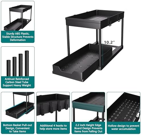 Keukenorganizer, 2 planken onder de gootsteen, keukenkastorganizer met 4 haken, kastmand voor keuken, badkamer, schoonmaakmiddelen, wasmiddelen (zwart)