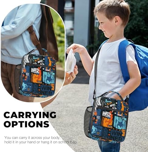 Zwarte geïsoleerde lunchtas voor kinderen in streetbasketbal-design, kleine koeltas voor jongens met flessenhouder, waterdichte lunchtas voor picknick en school