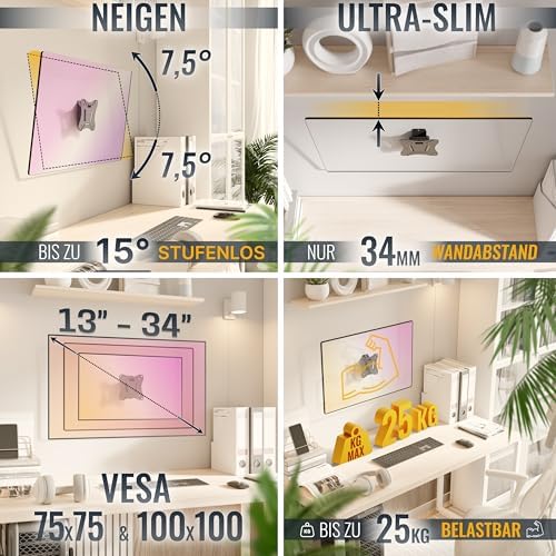 Monitorbeugel Tilt N0611 Wandbeugel Universeel LED Curved QLED QE LCD OLED SUHD UHD TFT Kantoor Verstelbaar armbevestigingssysteem 13" – 29" inch VESA 75x