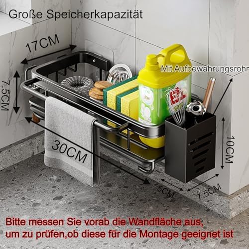 Keukengootsteenorganizer, sponshouder met afdruipbakje, keukengootsteenorganizer met theedoekhouder en twee haken, hangende keukengootsteenorganizer van metaal