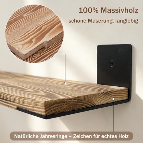 Wandplank 60 cm, set van 2, massief houten hangplanken met stalen beugels, draagvermogen 15 kg, decoratieve plank voor woonkamer/slaapkamer/kantoor – gerookt eiken & zwart