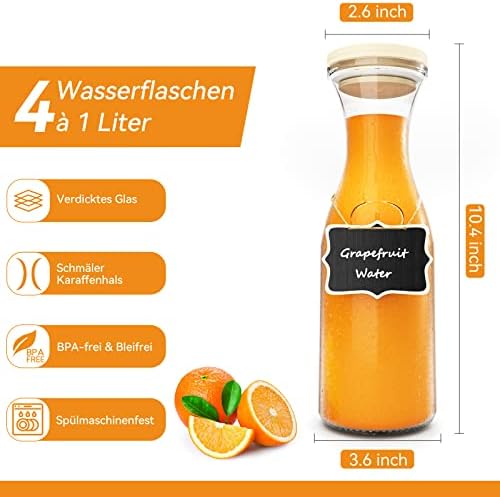 Set van 4 glazen karaffen, 1 liter, waterkaraf met deksel, dikker en steviger waterglas, glazen kan voor dranken, glazen fles, wijnkaraf, karaf S