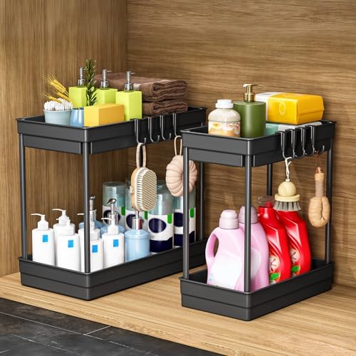 Keukenorganizer – set van 2 rekken voor onder de gootsteen met 4 haken & 1 kopjeshouder, keukenorganizer, badkamerorganizer
