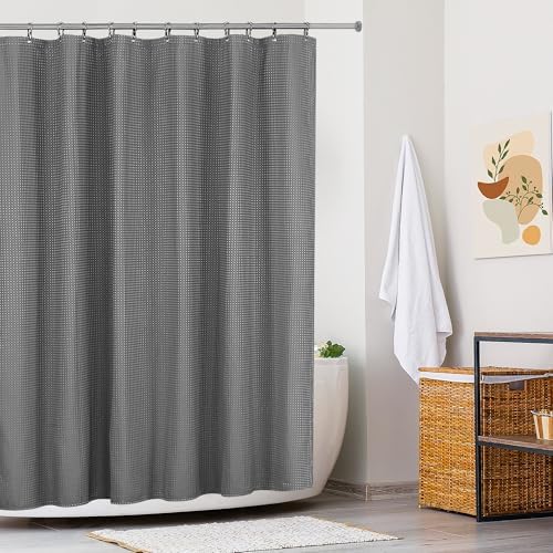 Douchegordijn, wasbaar, textiel, polyesterweefsel, douchegordijn met 12 metalen ringen, waterdicht, voor douche en bad, 180 x 200 cm, wafelpatroon