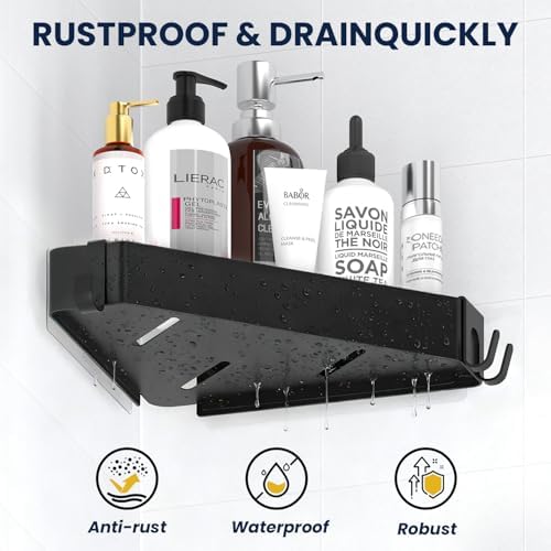 Doucherek zonder boren, hoekig, metalen doucheplank, 2 stuks douchemanden, zelfklevend met 4 haken, badkamerplank voor doucheaccessoires, shampoo en douchegel – z